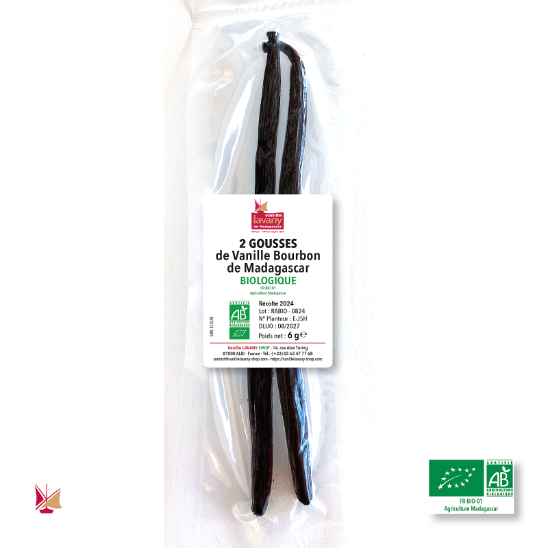 2 Baccelli di Vaniglia Bourbon Biologica LAVANY del Madagascar in busta sottovuoto - Peso netto totale 6 g