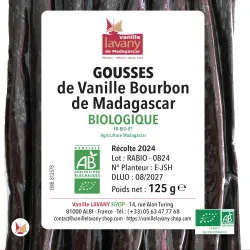 Etiquette de 30 gousses environ de Vanille Biologique LAVANY Bourbon de Madagascar - Poids net total 125 g