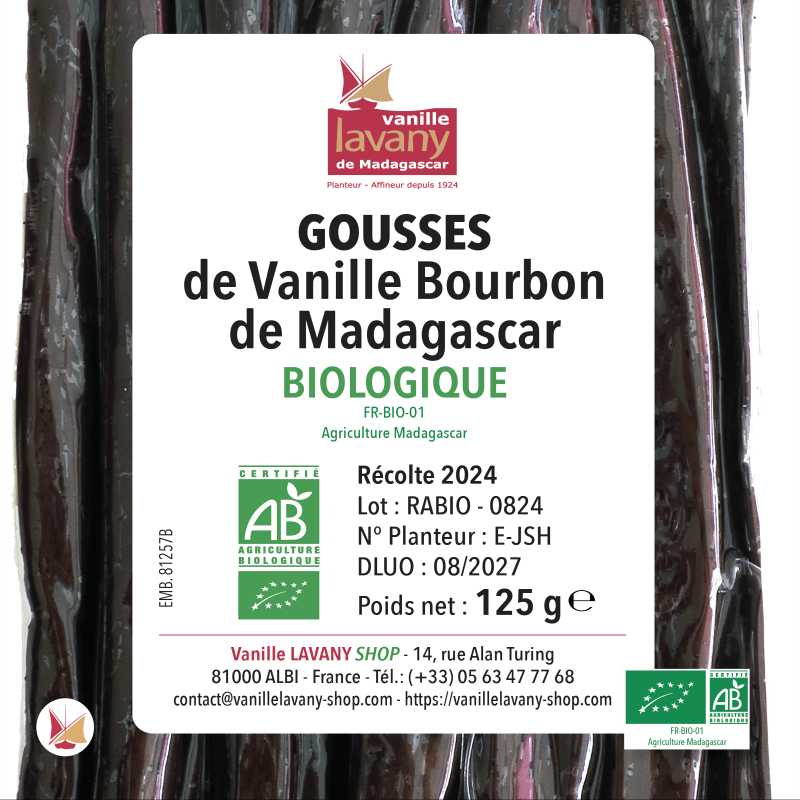 Etichetta di circa 30 baccelli di Vaniglia Bourbon LAVANY Biologica del Madagascar - Peso netto totale 125 g