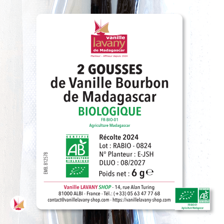 Etichetta di 2 Baccelli di Vaniglia Bourbon LAVANY biologica del Madagascar in un sacchetto sottovuoto - Peso netto totale 6 g