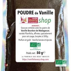 Etiquette de la Poudre de Vanille LAVANY Biologique Bourbon de Madagascar - poids net 50 g