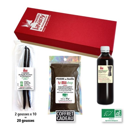 COFFRET CADEAU 100% Vanille Biologique LAVANY - 20 Gousses - 50 g Poudre - 100 ml d'Extrait liquide naturel