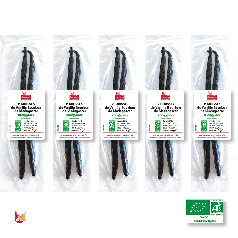 5 x 2 Baccelli di Vaniglia Bourbon Biologica LAVANY del Madagascar in bustine singole sottovuoto - Peso netto totale 30 g