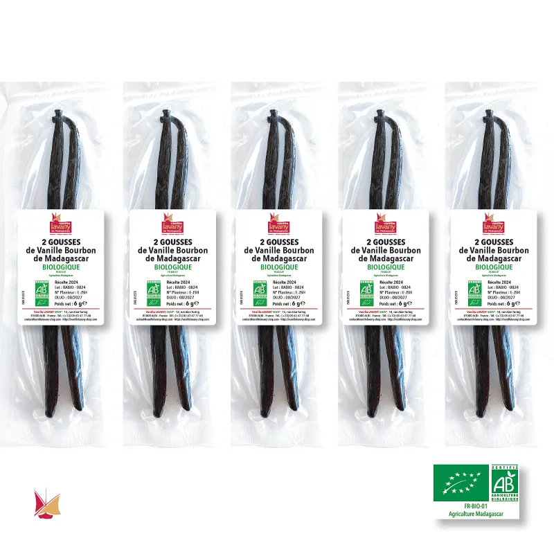 5 x 2 Baccelli di Vaniglia Bourbon Biologica LAVANY del Madagascar in bustine singole sottovuoto - Peso netto totale 30 g