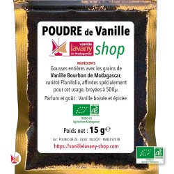 Etiquette de la Poudre de Vanille LAVANY Biologique Bourbon de Madagascar - poids net 15 g