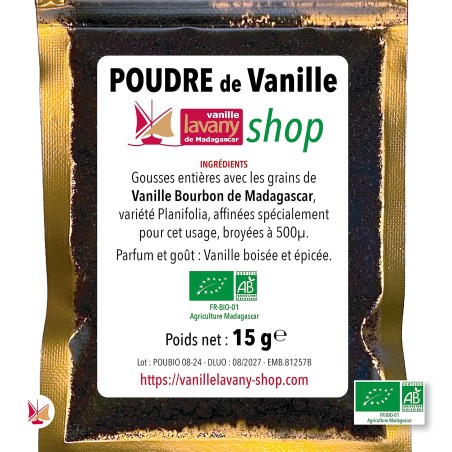 Etichetta LAVANY Vaniglia Bourbon Biologica in Polvere dal Madagascar - peso netto 15 g
