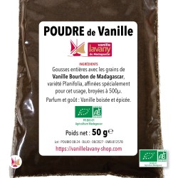Etiquette de la Poudre de Vanille LAVANY Biologique Bourbon de Madagascar - poids net 50 g