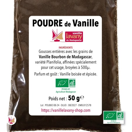 Etichetta LAVANY Vaniglia Bourbon Biologica in Polvere dal Madagascar - peso netto 50 g