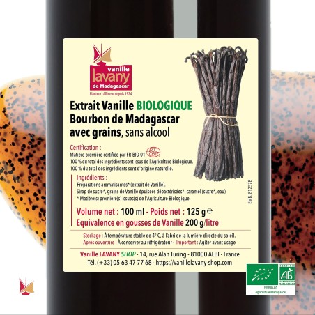LAVANY Estratto Liquido di Vaniglia Biologica Etichetta in flacone da 100 ml - Peso netto 125 g