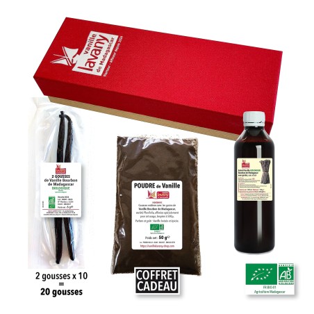 LAVANY 100% Vaniglia Biologica SCATOLA REGALO - 20 Baccelli - 50 g di Polvere - 100 ml di Estratto liquido naturale